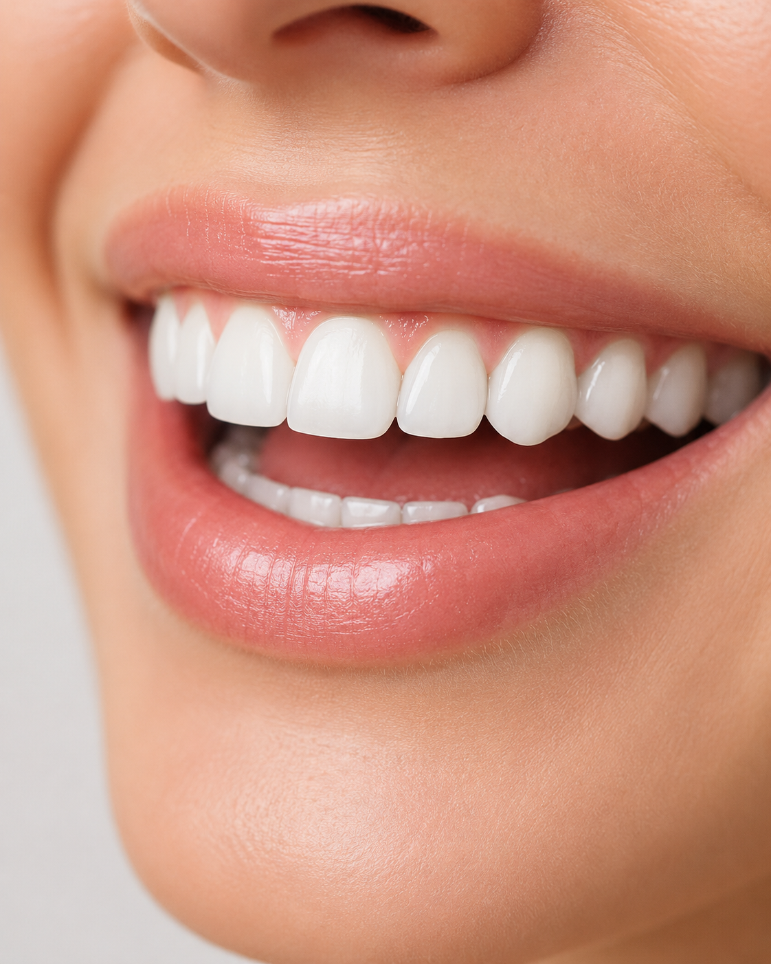 Close-up editorial photograph of a healthy adult smile.
